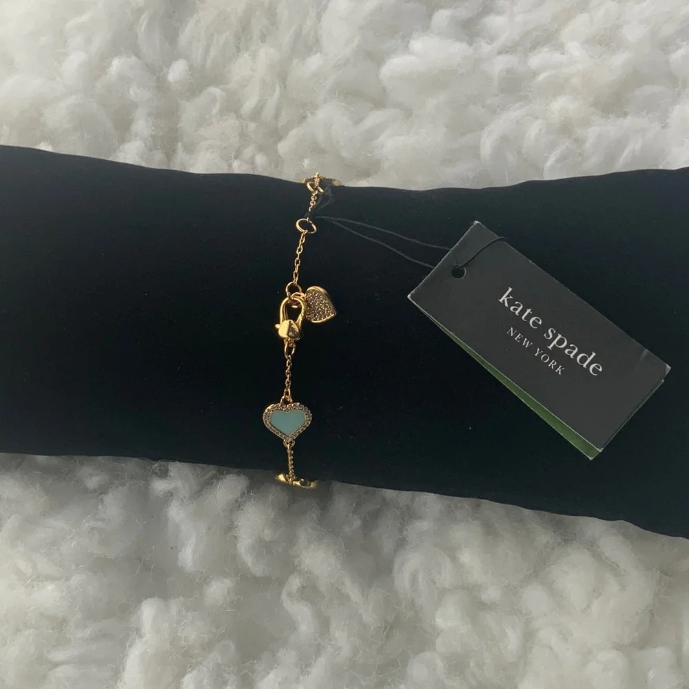 kate spade Gold Bracelet with Mint Heart Charms on Chain - Picture 2 of 8